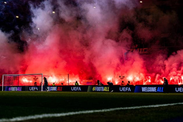2026-01-29 KRC Genk v Malmo FF - UEFA Europa League 2025 26 League Phase MD8 GENK, BELGIUM - JANUARY 29: KRC Genk ultras with fireworks prior to the UEFA Europa League 2025 26 League Phase MD8 match between KRC Genk and Malmo FF at Cegeka Arena on January 29, 2026 in Genk, Belgium. (Photo by Gabriel Calvino Alonso BSR Agency) Genk Belgium Content not available for redistribution in The Netherlands directly or indirectly through any third parties. Copyright: xBSRxAgencyx