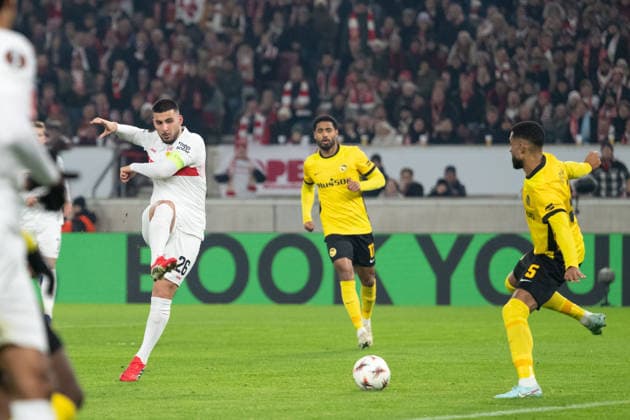 Tor zum 1:0 durch Deniz Undav (VfB Stuttgart 26), Torschuss, re. Gregory Wuethrich (BSC Young Boys Bern, 05) GER, VfB Stuttgart vs. BSC Young Boys Bern, Fussball, UEFA Europa League, Herren, 8. Spieltag, Spielzeit 2025 2026, 29.01.2026, GER, VfB Stuttgart vs. BSC Young Boys Bern, Fussball, UEFA Europa League, Herren, 8. Spieltag, Spielzeit 2025 2026, 29.01.2026 Stuttgart Copyright: xEibner-Pressefoto WolfgangxFrankx EP_WFK