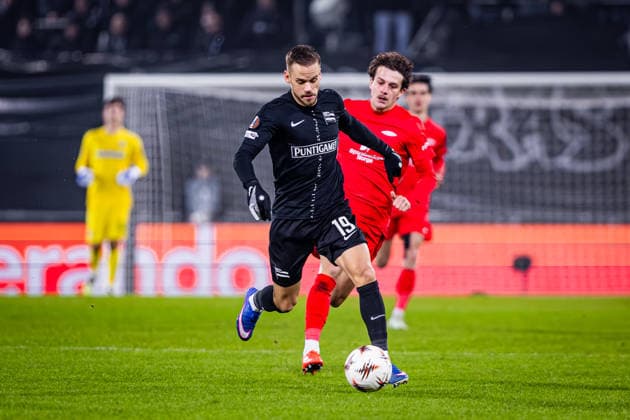 STURM GRAZ - BRANN BERGEN Tomi Horvat of Sturm and Denzel De Roeve of Brann during the league phase of UEFA Europa league football match between SK Sturm Graz and SK Brann Bergen. Graz, Austria, January 29, 2026. Photo by Branislav Racko Copyright: xx 080A9500