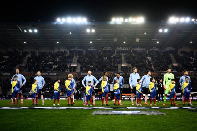 260129 Players of Malmö FF during the UEFA Europa League football match between KRC Genk and Malmö FF on January 29, 2026 in Genk. Photo: Simon Hastegard BILDBYRAN kod SH SH0684 fotboll football soccer fotball uefa europa league europa league krc genk malmö ff bbeng Copyright: SIMONxHASTEGARD BB260129SH036