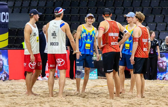 STOCKHOLM, SWEDEN 20260129 Sweden s David Ahman and Jonatan Hellvig talk to Norway s Christian Sorum and Anders Mol, and Austria s Timo Hammarberg and Tim Berger after the final of the Beach volleyball, Beachvolleyball competition Stockholm Beach 2026, an official competition in the international Queen & King of the Court series, at Avicii Arena in Stockholm. STOCKHOLM SWEDEN x60160x