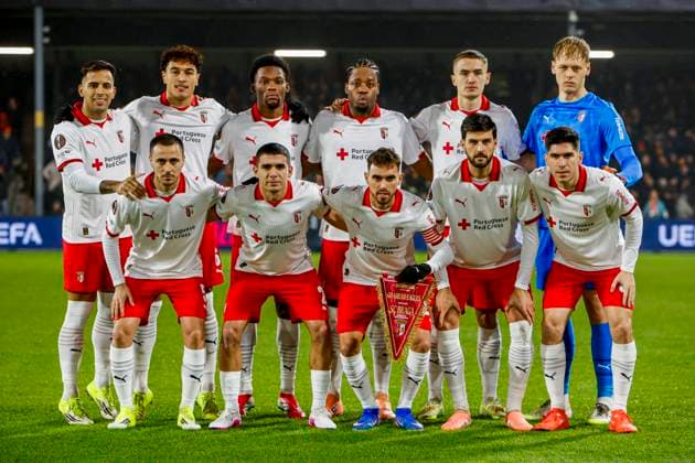 team photo of SC Braga goalkeeper Lukas Hornicek of SC Braga, Leonardo Lelo of SC Braga, Bright Arrey-Mbi of SC Braga, Gustaf Lagerbielke of SC Braga, Victor Gomez of SC Braga, Vitor Carvalho of SC Braga, Jean-Baptiste Gorby of SC Braga, Ricardo Horta of SC Braga, Florian Grillitsch of SC Braga, Rodrigo Zalazar of SC Braga, Fran Navarro of SC Braga Go Ahead Eagles v SC Braga, UEFA Europa League 2025 26 League Phase MD8, Go Ahead Eagles v SC Braga, Stadion De Adelaarshorst, January 29, 2026, Deventer, Netherlands.
