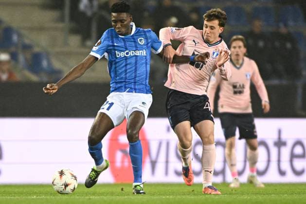Genk s Ibrahima Sory Bangoura and Malmo s Kenan Busuladzic pictured in action during a soccer game between Belgian soccer team KRC Genk and Swedish team Malmo FF, in Genk, on Thursday 29 January 2026, on day eight of the League phase of the UEFA Europa League tournament. JILLxDELSAUX  x159641184x