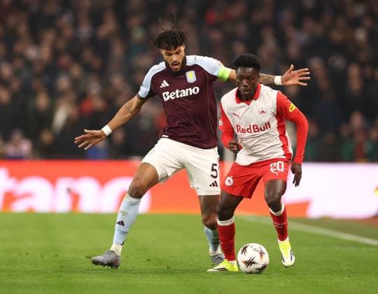 Tyrone Mings of Aston Villa and Edmund Baidoo of Red Bull Salzburg Aston Villa v Red Bull Salzburg, UEFA Europa League, Group Stage, Football, Villa Park, Birmingham, UK - 29 Jan 2026Birmingham Villa Park United Kingdom EDITORIAL USE ONLY No use with unauthorised audio, video, data, fixture lists, club league logos or live services. Online in-match use limited to 120 images, no video emulation. No use in betting, games or single club league player publications.  Copyright: xRyanxBrowne Shutterstockx 16445867ax