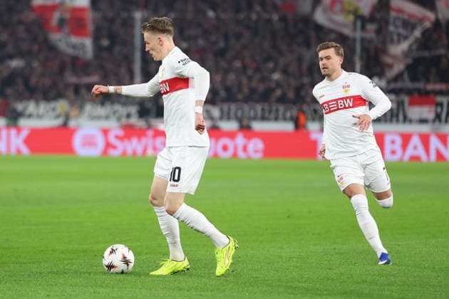 29.01.2026, xrekx, Fussball UEFA Europa League, VfB Stuttgart - Young Boys Bern v.l. Chris Führich Fuehrich (VfB Stuttgart) Maximilian Mittelstädt Mittelstaedt (VfB Stuttgart) (DFL DFB REGULATIONS PROHIBIT ANY USE OF PHOTOGRAPHS as IMAGE SEQUENCES and or QUASI-VIDEO) Stuttgart