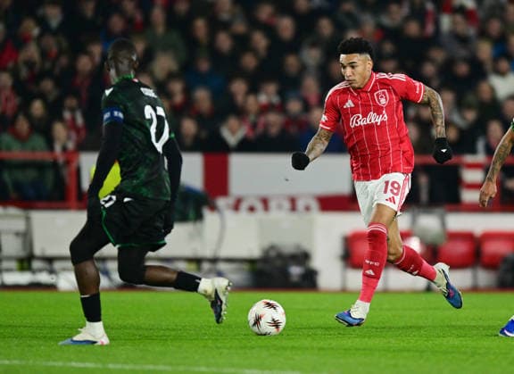 Nottingham, England, 29th January 2026. Igor Jesus of Nottingham Forest takes on Ibrahim Cisse of Ferencvaros before he scores the second goal during the Nottingham Forest vs Ferencvaros UEFA Europa League match at the City Ground, Nottingham. Picture credit should read: Harriet Massey Sportimage EDITORIAL USE ONLY. No use with unauthorised audio, video, data, fixture lists, club league logos or live services. Online in-match use limited to 120 images, no video emulation. No use in betting, games or single club league player publications. SPI_038_HM_Forest_Ferencvaros SPI-4491-0035
