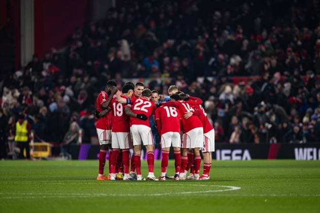29th January 2026; The City Ground, Nottingham, England; UEFA Europa League Football, Nottingham Forest versus Ferencvarosi; Nottingham Forest players huddle before kick-off  GodfreyxPitt Content restricted for UK based newspaper