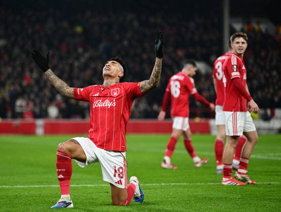 Nottingham, England, 29th January 2026. Igor Jesus of Nottingham Forest (l) celebrates scoring their second goal during the Nottingham Forest vs Ferencvaros UEFA Europa League match at the City Ground, Nottingham. Picture credit should read: Harriet Massey Sportimage EDITORIAL USE ONLY. No use with unauthorised audio, video, data, fixture lists, club league logos or live services. Online in-match use limited to 120 images, no video emulation. No use in betting, games or single club league player publications. SPI_040_HM_Forest_Ferencvaros SPI-4491-0039