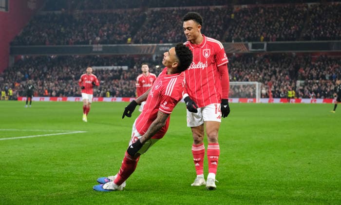 Igor Jesus of Nottingham Forest celebrates his goal in the 21st minute 2-0 during the UEFA Europa league football match between Nottingham Forest and Ferencvaros TC at the City Ground in Nottingham. Copyright: xPaulxBonser SportsxPressxPhotox Sportspressphoto_SPR86736