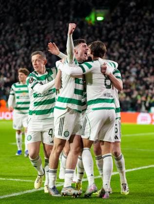 Colby Donovan of Celtic gestures to the crowd while Benjamin Nygren of Celtic celebrates with team mates after scoring to give Celtic a 1-0 lead. Celtic v Utrecht, UEFA Europa League, Group Stage, Football, Celtic Park, Glasgow, UK - 29 Jan 2026Glasgow Celtic Park United Kingdom EDITORIAL USE ONLY No use with unauthorised audio, video, data, fixture lists, club league logos or live services. Online in-match use limited to 120 images, no video emulation. No use in betting, games or single club league player publications. Copyright: xStuartxWallace Shutterstockx 16445870ab
