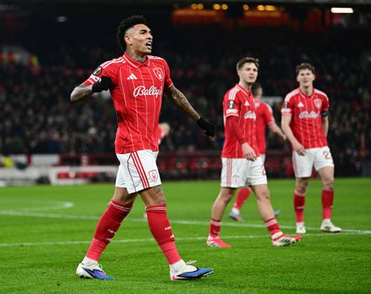 Nottingham, England, 29th January 2026. Igor Jesus of Nottingham Forest celebrates scoring their second goal during the Nottingham Forest vs Ferencvaros UEFA Europa League match at the City Ground, Nottingham. Picture credit should read: Harriet Massey Sportimage EDITORIAL USE ONLY. No use with unauthorised audio, video, data, fixture lists, club league logos or live services. Online in-match use limited to 120 images, no video emulation. No use in betting, games or single club league player publications. SPI_045_HM_Forest_Ferencvaros SPI-4491-0044