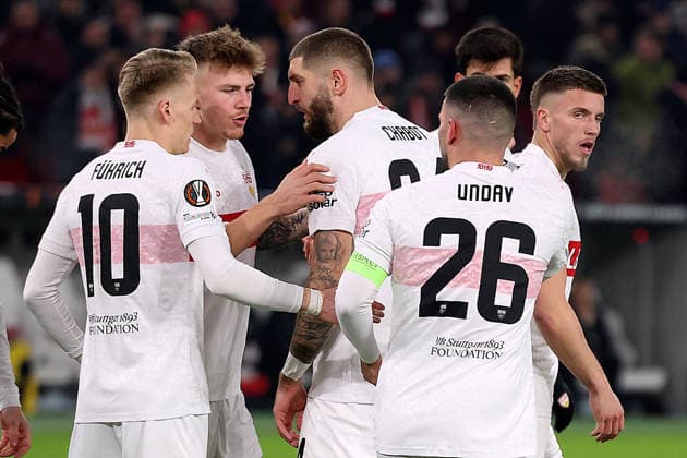 29.01.2026, xrekx, Fussball UEFA Europa League, VfB Stuttgart - Young Boys Bern v.l. Torjubel nach dem Tor zum celebrating the goal celebrate 1:0 durch Deniz Undav (VfB Stuttgart) Chris Führich Fuehrich (VfB Stuttgart) Finn Jeltsch (VfB Stuttgart) Jeff Chabot (VfB Stuttgart) Ermedin Demirovic (VfB Stuttgart) (DFL DFB REGULATIONS PROHIBIT ANY USE OF PHOTOGRAPHS as IMAGE SEQUENCES and or QUASI-VIDEO) Stuttgart