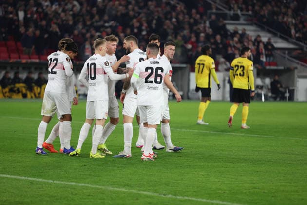 29.01.2026, xrekx, Fussball UEFA Europa League, VfB Stuttgart - Young Boys Bern v.l. Torjubel nach dem Tor zum celebrating the goal celebrate 1:0 durch Deniz Undav (VfB Stuttgart) (DFL DFB REGULATIONS PROHIBIT ANY USE OF PHOTOGRAPHS as IMAGE SEQUENCES and or QUASI-VIDEO) Stuttgart