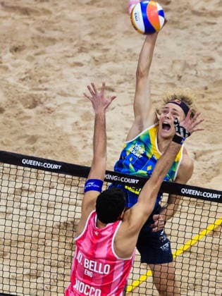 England s Joaquin Bello and Sweden s David Ahman during the final of the Beach volleyball, Beachvolleyball competition Stockholm Beach 2026, an official competition in the international Queen & King of the Court series, at Avicii Arena in Stockholm, Sweden, January 29, 2026. STOCKHOLM SWEDEN x60160x