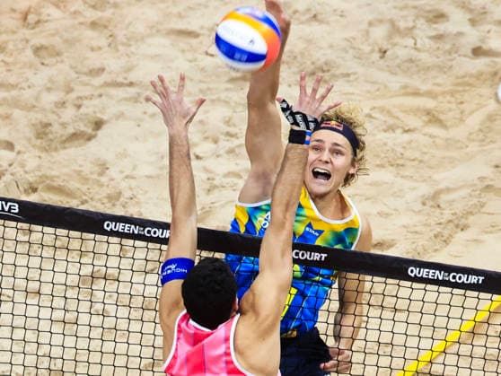 England s Joaquin Bello and Sweden s David Ahman during the final of the Beach volleyball, Beachvolleyball competition Stockholm Beach 2026, an official competition in the international Queen & King of the Court series, at Avicii Arena in Stockholm, Sweden, January 29, 2026. STOCKHOLM SWEDEN x60160x
