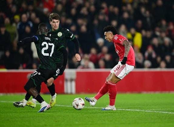 Nottingham, England, 29th January 2026. Igor Jesus of Nottingham Forest scores their second goal during the Nottingham Forest vs Ferencvaros UEFA Europa League match at the City Ground, Nottingham. Picture credit should read: Harriet Massey Sportimage EDITORIAL USE ONLY. No use with unauthorised audio, video, data, fixture lists, club league logos or live services. Online in-match use limited to 120 images, no video emulation. No use in betting, games or single club league player publications. SPI_050_HM_Forest_Ferencvaros SPI-4491-0049