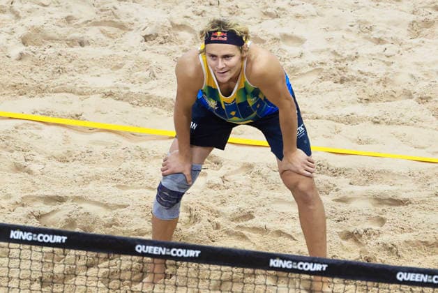 STOCKHOLM, SWEDEN 20260129 Sweden s David Ahman against Sweden s Jacob Hölting Nilsson during the final of the Beach volleyball, Beachvolleyball competition Stockholm Beach 2026, an official competition in the international Queen & King of the Court series, at Avicii Arena in Stockholm. STOCKHOLM SWEDEN x60160x