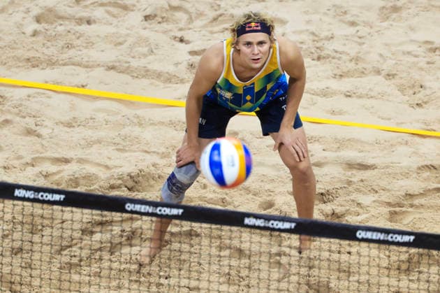 STOCKHOLM, SWEDEN 20260129 Sweden s David Ahman against Sweden s Jacob Hölting Nilsson during the final of the Beach volleyball, Beachvolleyball competition Stockholm Beach 2026, an official competition in the international Queen & King of the Court series, at Avicii Arena in Stockholm. STOCKHOLM SWEDEN x60160x