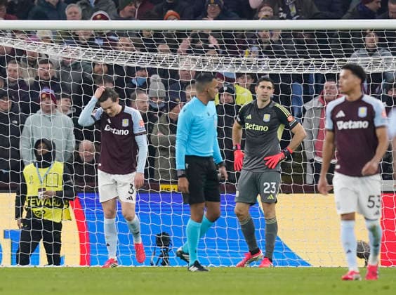 Birmingham, England, 29th January 2026. Victor Lindelof of Aston Villa (l) reacts after scoring an own goal during the Aston Villa vs FC Salzburg UEFA Europa League match at Villa Park, Birmingham. Picture credit should read: Andrew Yates Sportimage EDITORIAL USE ONLY. No use with unauthorised audio, video, data, fixture lists, club league logos or live services. Online in-match use limited to 120 images, no video emulation. No use in betting, games or single club league player publications. SPI_034_AY_Villa_Salzburg SPI-4490-0033