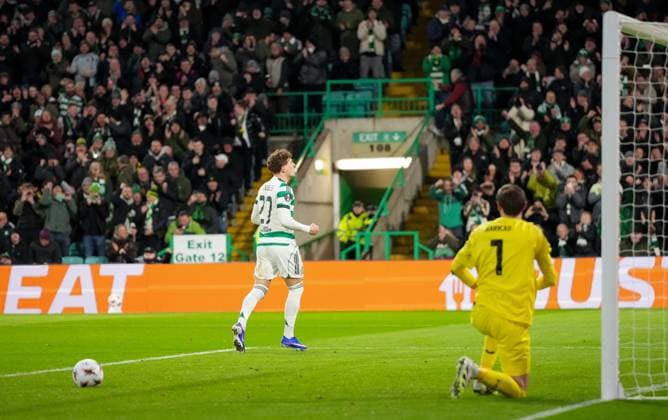 Arne Engels of Celtic beats FC Utrecht goalkeeper Vasilis Barkas from the penalty spot to give Celtic a 3-0 lead. Celtic v Utrecht, UEFA Europa League, Group Stage, Football, Celtic Park, Glasgow, UK - 29 Jan 2026Glasgow Celtic Park United Kingdom EDITORIAL USE ONLY No use with unauthorised audio, video, data, fixture lists, club league logos or live services. Online in-match use limited to 120 images, no video emulation. No use in betting, games or single club league player publications. Copyright: xStuartxWallace Shutterstockx 16445870ar
