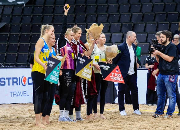 STOCKHOLM, SWEDEN 20260129 Sweden s Tina Thurin and Isabelle Reffel (third place), Norway s Sunniva Helland-Hansen och Nina Pavlova (first place), and Finland s Vilhelmina Prihti och Anniina Parkkinen (second place) at the Beach volleyball, Beachvolleyball competition Stockholm Beach 2026, an official competition in the international Queen & King of the Court series, at the Avicii Arena in Stockholm, Sweden, January 29, 2026. STOCKHOLM SWEDEN x60160x