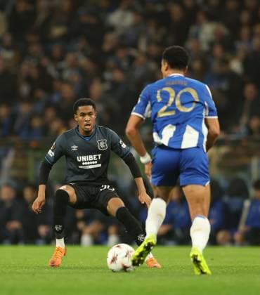 Jayden Meghoma of Rangers and Alberto Costa of FC Porto during UEFA Europa League league phase match at Estadio do Dragao, Porto. Porto v Rangers - UEFA Europa League - Estadio do Dragao, Portugal - 29 Jan 2026Porto Estadio do Dragao Portugal EDITORIAL USE ONLY  Copyright: xRangersxFC Shutterstockx 16488595aa