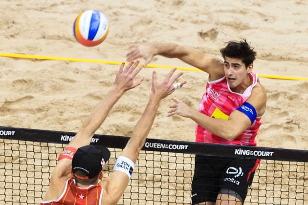 Austria s Timo Hammarberg against England s Javier Bello during the Beach volleyball, Beachvolleyball competition Stockholm Beach 2026, an official competition in the international Queen & King of the Court series, at Avicii Arena in Stockholm, Sweden, January 29, 2026. STOCKHOLM SWEDEN x60160x