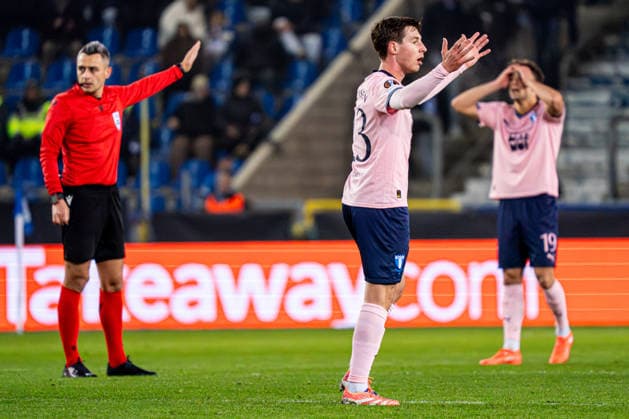 2026-01-29 KRC Genk v Malmo FF - UEFA Europa League 2025 26 League Phase MD8 GENK, BELGIUM - JANUARY 29: Lasse Berg Johnsen of Malmo FF disappointed with the decision of referee Horatiu Fesnic during the UEFA Europa League 2025 26 League Phase MD8 match between KRC Genk and Malmo FF at Cegeka Arena on January 29, 2026 in Genk, Belgium. (Photo by Gabriel Calvino Alonso BSR Agency) Genk Belgium Content not available for redistribution in The Netherlands directly or indirectly through any third parties. Copyright: xBSRxAgencyx