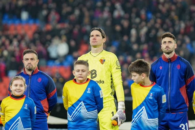 UEFA Europa League 2025 26 - 8. Spieltag, Donnerstag 29.01.2026 - FC Basel 1893 vs. Viktoria Pilsen - St. Jakob-Park (Basel, Schweiz); Xherdan Shaqiri (10, FC Basel), Marwin Hitz (1, FC Basel), Dominik Schmid (31, FC Basel) Copyright: xValentinxDomgjonix
