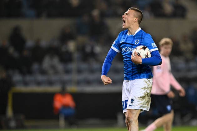 260129 KRC Genk vs Malmo FF Daan Heymans (38) of Genk celebrates after scoring the 1-1 equalizer goal pictured during the 8th game in the Uefa Europa League season 2025-2026 League Phase between KRC Genk and Malmo FF from Sweden on January 29 , 2026 in Genk, Belgium. (Photo by David Catry Isosport) Genk Belgium  Copyright: xDavidxCatryx 20260129DC2_2185