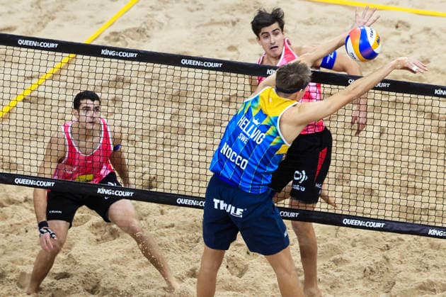 England s Joaquin Bello and Javier Bello against Sweden s Jonatan Hellvig during the final of the Beach volleyball, Beachvolleyball competition Stockholm Beach 2026, an official competition in the international Queen & King of the Court series, at the Avicii Arena in Stockholm, Sweden, January 29, 2026. STOCKHOLM SWEDEN x60160x