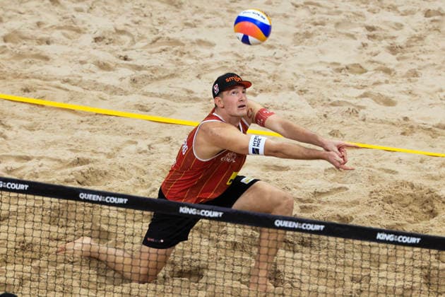 Austria s Timo Hammarberg during the final of the Beach volleyball, Beachvolleyball competition Stockholm Beach 2026, an official competition in the international Queen & King of the Court series, at Avicii Arena in Stockholm, Sweden, January 29, 2026. STOCKHOLM SWEDEN x60160x