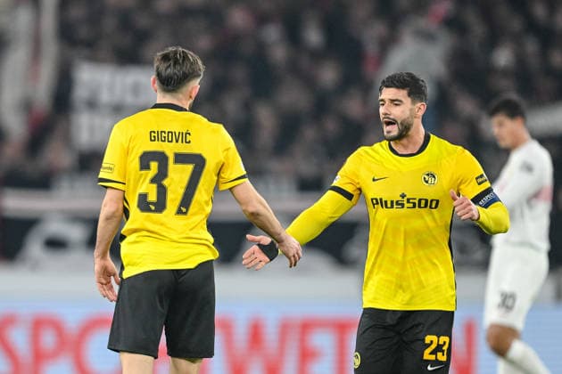 Armin Gigovic (BSC Young Boys) celebrates after scoring his team s first goal with teammates during the UEFA Europa League 2025 26 League Phase MD8 match between VfB Stuttgart and BSC Young Boys at Stuttgart Arena on January 29, 2026 in Stuttgart, Germany. (Photo by Harry Langer DeFodi Images) -