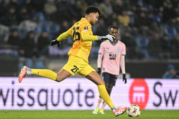 Genk s goalkeeper Tobias Lawal pictured in action during a soccer game between Belgian soccer team KRC Genk and Swedish team Malmo FF, in Genk, on Thursday 29 January 2026, on day eight of the League phase of the UEFA Europa League tournament. JILLxDELSAUX  x159647533x
