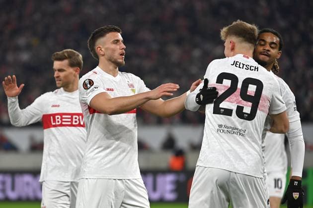 Torjubel Ermedin DEMIROVIC (VFB Stuttgart), re:Finn JELTSCH (VFB Stuttgart), Lorenz ASSIGNON (VFB Stuttgart) Jubel,Freude,Begeisterung,Aktion, Fussball UEFA Europa League VfB Stuttgart -BSC Young Boys am 29.01.2026 MHP ARENA.