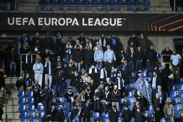 260129 Fans of Malmö FF during the UEFA Europa League football match between KRC Genk and Malmö FF on January 29, 2026 in Genk. Photo: Simon Hastegard BILDBYRAN kod SH SH0684 fotboll football soccer fotball uefa europa league europa league krc genk malmö ff bbeng publik Copyright: SIMONxHASTEGARD BB260129SH057
