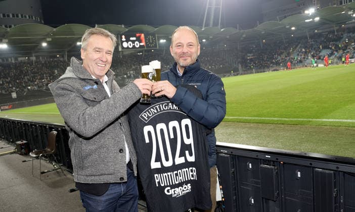 SOCCER - UEFA EL, Sturm vs Brann GRAZ,AUSTRIA,29.JAN.26 - SOCCER - UEFA Europa League, SK Sturm Graz vs SK Brann Bergen. Image shows president Christian Jauk (Sturm) and CIO Hans Boehm (Brau-Union ).  GEPAxpictures xHansxOberlaender