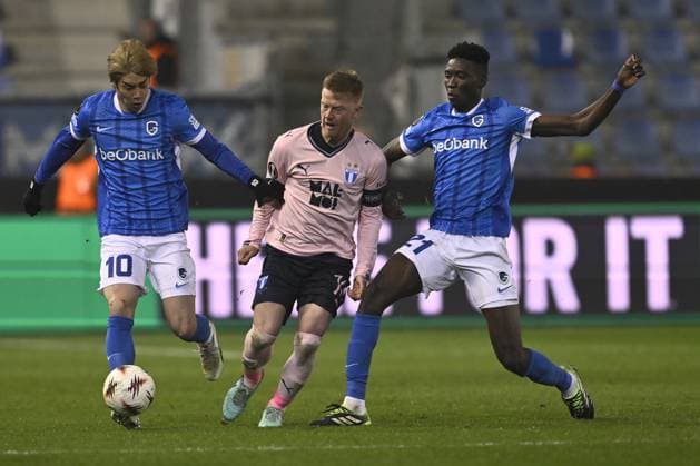 Genk s Junya Ito, Malmo s Anders Christiansen and Genk s Ibrahima Sory Bangoura fight for the ball during a soccer game between Belgian soccer team KRC Genk and Swedish team Malmo FF, in Genk, on Thursday 29 January 2026, on day eight of the League phase of the UEFA Europa League tournament. JOHAN EYCKENS JohanxEyckens  x159649253x