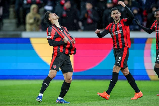 29.01.2026, Fußball, UEFA Europa League, Matchday 8, FC Midtjylland - GNK Dinamo Zagreb, MCH Arena in Herning, Dänemark: Torjubel nach dem Tor zum 1:0 durch Torschütze Gue-sung Cho (FC Midtjylland 10) Regulations prohibit any use of photographs as image sequences and or quasi-video. Dänemark