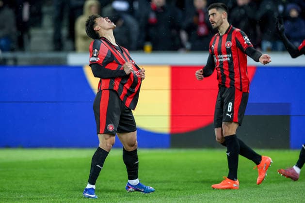 29.01.2026, Fußball, UEFA Europa League, Matchday 8, FC Midtjylland - GNK Dinamo Zagreb, MCH Arena in Herning, Dänemark: Torjubel nach dem Tor zum 1:0 durch Torschütze Gue-sung Cho (FC Midtjylland 10) Regulations prohibit any use of photographs as image sequences and or quasi-video. Dänemark