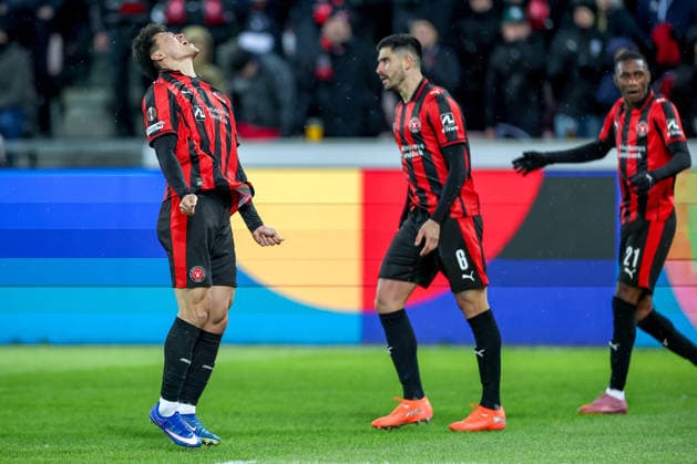 29.01.2026, Fußball, UEFA Europa League, Matchday 8, FC Midtjylland - GNK Dinamo Zagreb, MCH Arena in Herning, Dänemark: Torjubel nach dem Tor zum 1:0 durch Torschütze Gue-sung Cho (FC Midtjylland 10) Regulations prohibit any use of photographs as image sequences and or quasi-video. Dänemark
