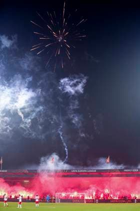 flares and fire work of supporters of Go Ahead Eagles Go Ahead Eagles v SC Braga, UEFA Europa League 2025 26 League Phase MD8, Go Ahead Eagles v SC Braga, Stadion De Adelaarshorst, January 29, 2026, Deventer, Netherlands.