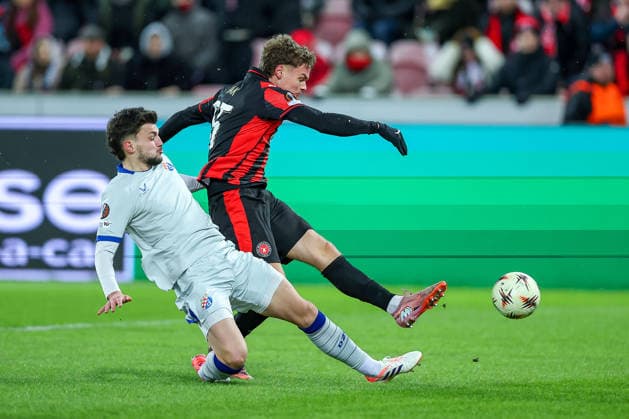 29.01.2026, Fußball, UEFA Europa League, Matchday 8, FC Midtjylland - GNK Dinamo Zagreb, MCH Arena in Herning, Dänemark: Torschuss Tor zum 2:0 durch Torschütze Victor Bak (FC Midtjylland 55) Regulations prohibit any use of photographs as image sequences and or quasi-video. Dänemark