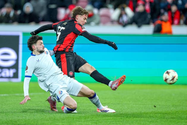 29.01.2026, Fußball, UEFA Europa League, Matchday 8, FC Midtjylland - GNK Dinamo Zagreb, MCH Arena in Herning, Dänemark: Torschuss Tor zum 2:0 durch Torschütze Victor Bak (FC Midtjylland 55) Regulations prohibit any use of photographs as image sequences and or quasi-video. Dänemark