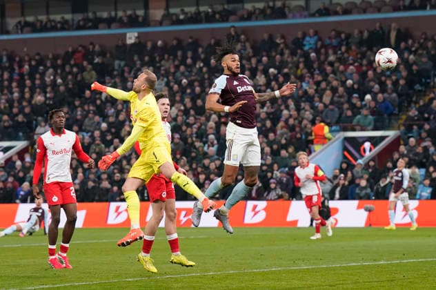 Birmingham, England, 29th January 2026. Tyrone Mings of Aston Villa scores their equalising goal during the Aston Villa vs FC Salzburg UEFA Europa League match at Villa Park, Birmingham. Picture credit should read: Andrew Yates Sportimage EDITORIAL USE ONLY. No use with unauthorised audio, video, data, fixture lists, club league logos or live services. Online in-match use limited to 120 images, no video emulation. No use in betting, games or single club league player publications. SPI_059_AY_Villa_Salzburg SPI-4490-0058