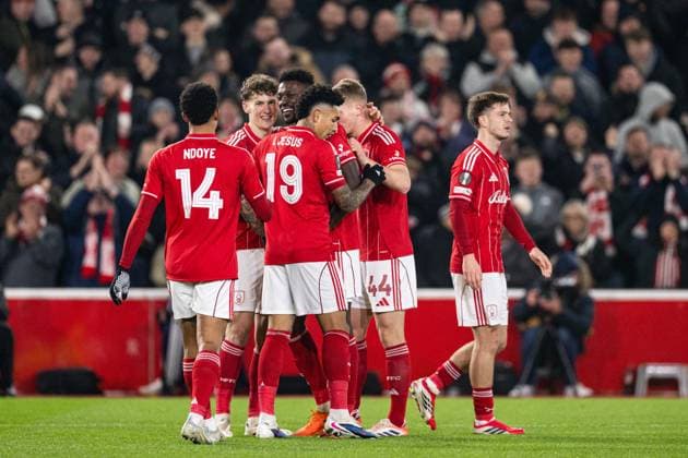 29th January 2026; The City Ground, Nottingham, England; UEFA Europa League Football, Nottingham Forest versus Ferencvarosi; Ibrahim Sangare of Nottingham Forest celebrates with his team after the own goal scored by Bence Otvos of Ferencvarosi TC in the 17th minute to make the score 1-0  GodfreyxPitt Content restricted for UK based newspaper