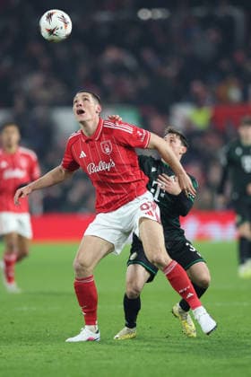 Nottingham Forest v Ferencvarosi TC UEFA Europa League Nikola MilenkoviÄ‡ of Nottingham Forest and Zsombor Gruber of Ferencvaros battles for the ball during the UEFA Europa League match at the City Ground, Nottingham 29 01 2026 UK Newspapers OUT Copyright: xAndyxSumnerx FIL-22875-0061