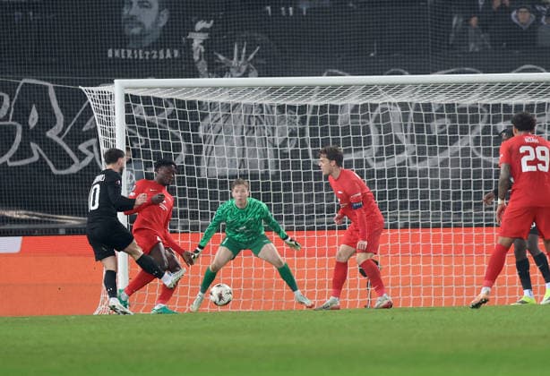 SOCCER - UEFA EL, Sturm vs Brann GRAZ,AUSTRIA,29.JAN.26 - SOCCER - UEFA Europa League, SK Sturm Graz vs SK Brann Bergen. Image shows Otar Kiteishvili (Sturm), Boakye, Mathias Dyngeland and Felix Horn Myhre (Brann). keywords: goal.  GEPAxpictures xHansxOberlaender