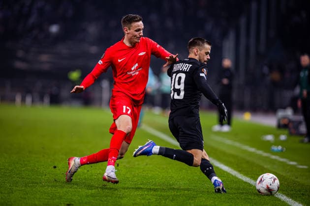 STURM GRAZ - BRANN BERGEN Tomi Horvat of Sturm and Mads Hansen of Brann during the league phase of UEFA Europa league football match between SK Sturm Graz and SK Brann Bergen. Graz, Austria, January 29, 2026. Photo by Branislav Racko Copyright: xx 080A1040