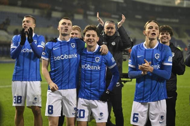 Genk s Bryan Heynen, Genk s Konstantinos Kos Karetsas and Genk s Matte Smets celebrate after winning a soccer game between Belgian soccer team KRC Genk and Swedish team Malmo FF, in Genk, on Thursday 29 January 2026, on day eight of the League phase of the UEFA Europa League tournament. JOHAN EYCKENS JohanxEyckens  x159658080x